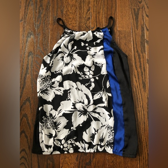 Express Womens XS Black/Blue Floral Ruched Halter High-Neck Elastic Waist Blouse - Picture 2 of 10